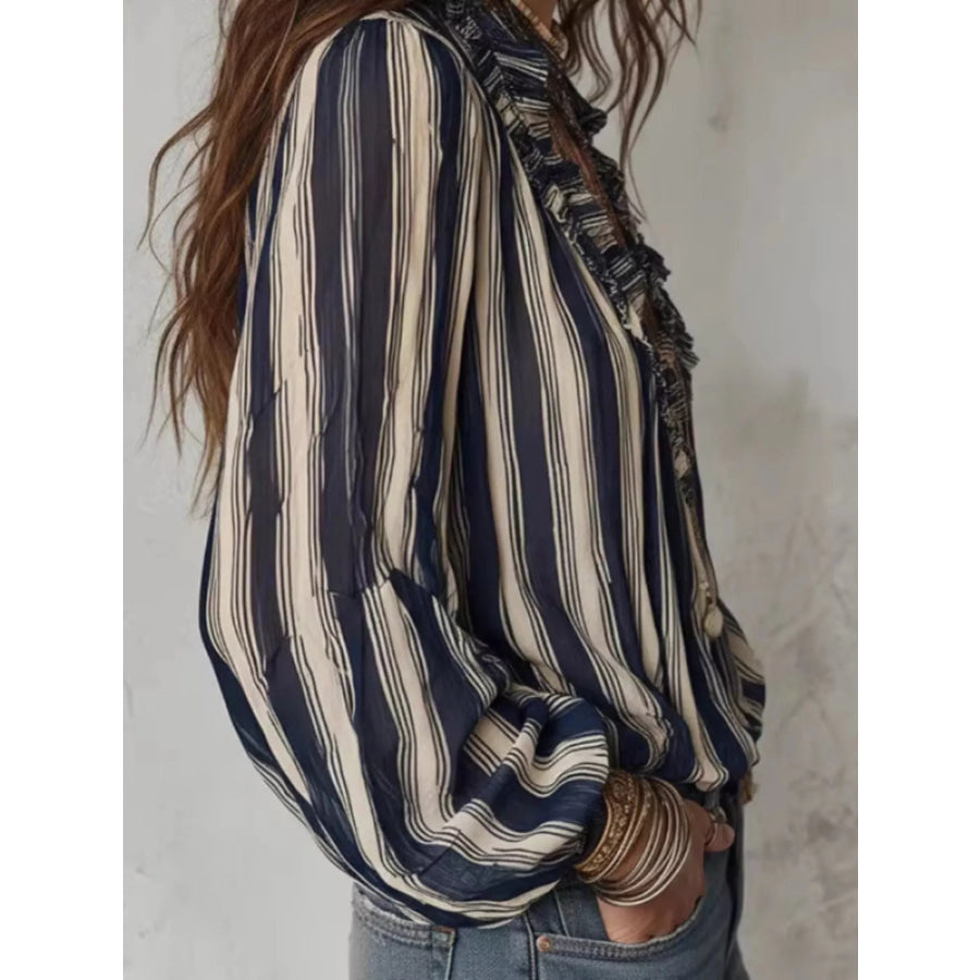 Striped Balloon Sleeve Blouse Apparel and Accessories