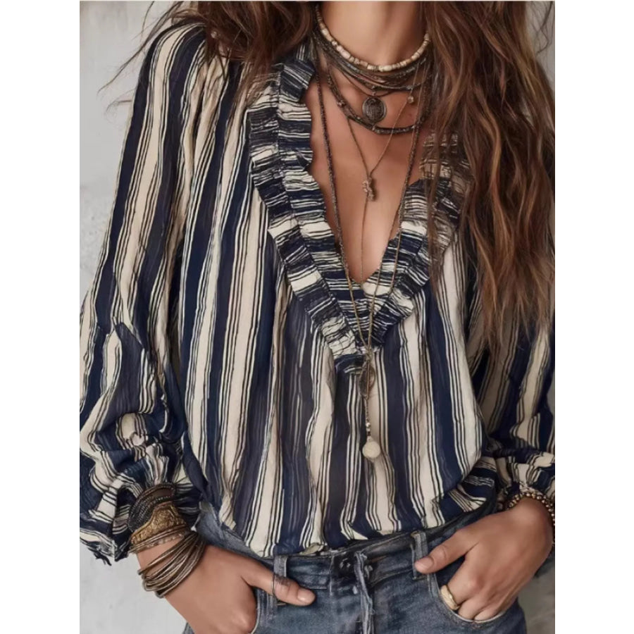 Striped Balloon Sleeve Blouse Dark Blue / S Apparel and Accessories