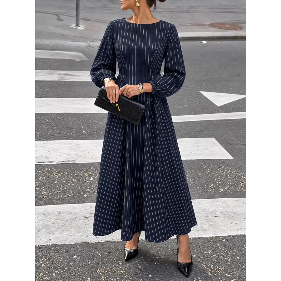 Striped Balloon Sleeve Maxi Dress Apparel and Accessories