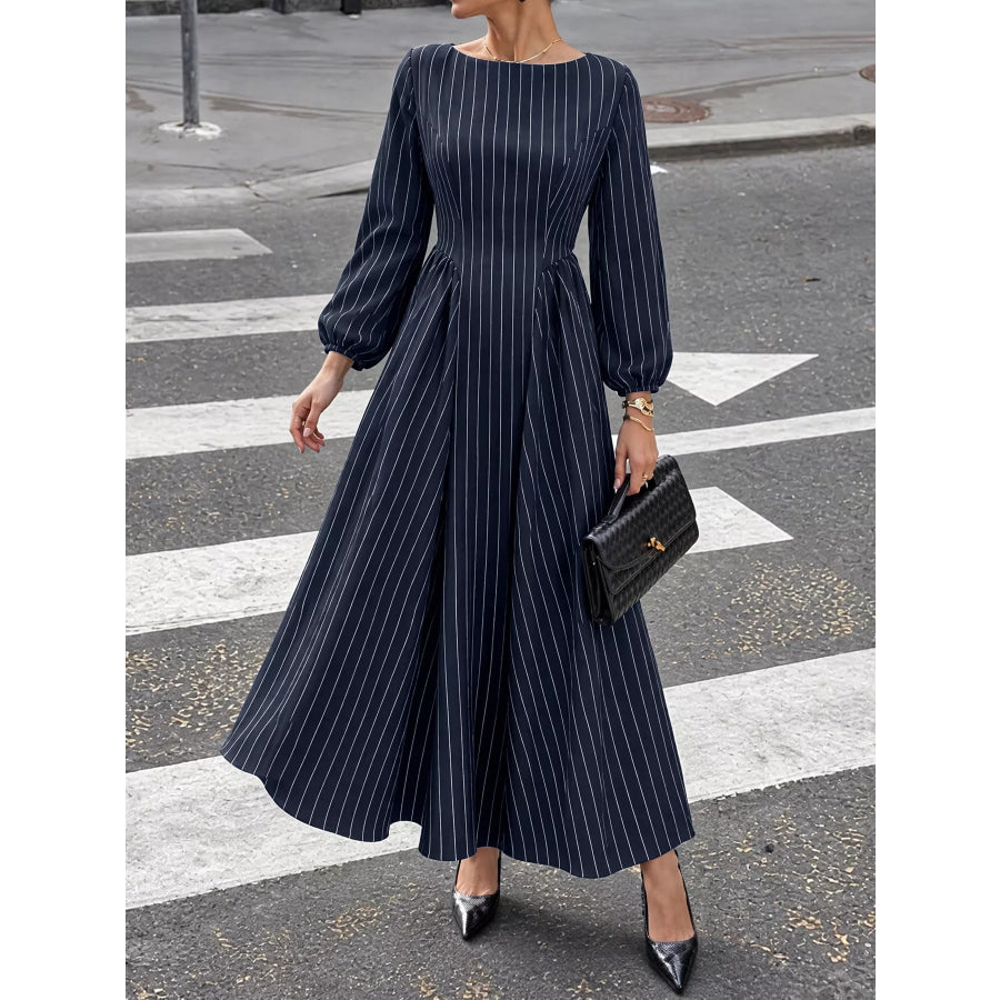 Striped Balloon Sleeve Maxi Dress Navy / S Apparel and Accessories