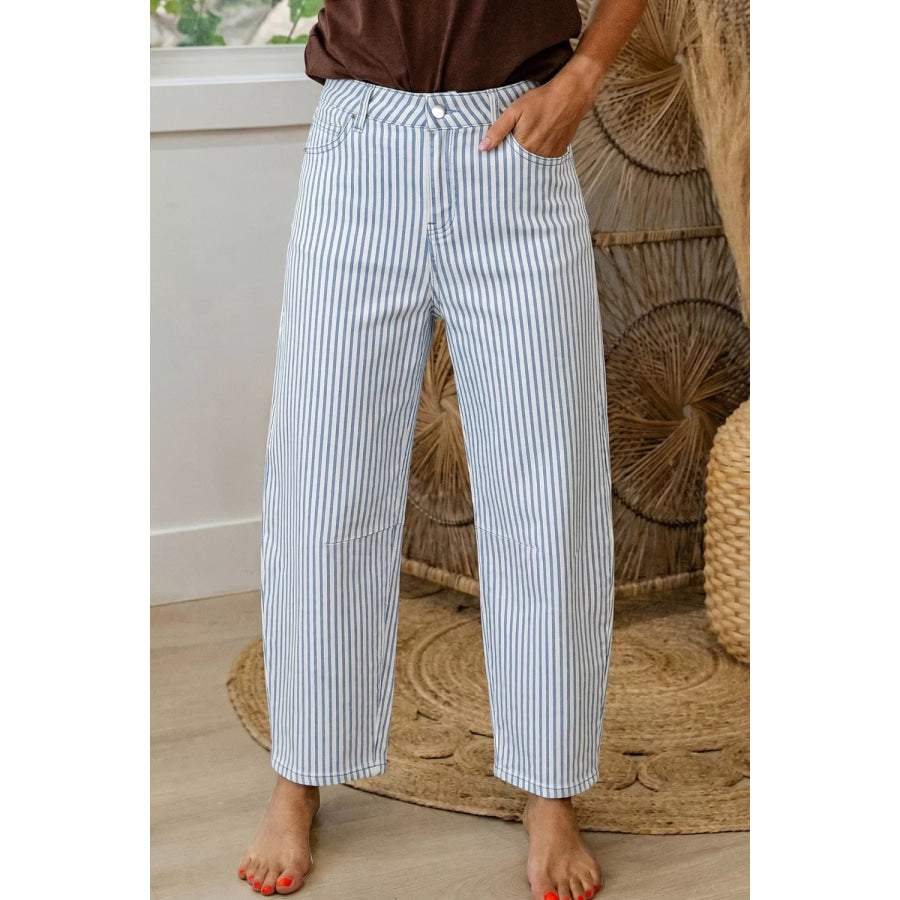 Striped Barrel Leg Jeans Light Blue / 4 Apparel and Accessories