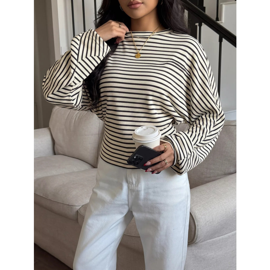 Striped Batwing Sleeve Crew Neck T-Shirt Apparel and Accessories