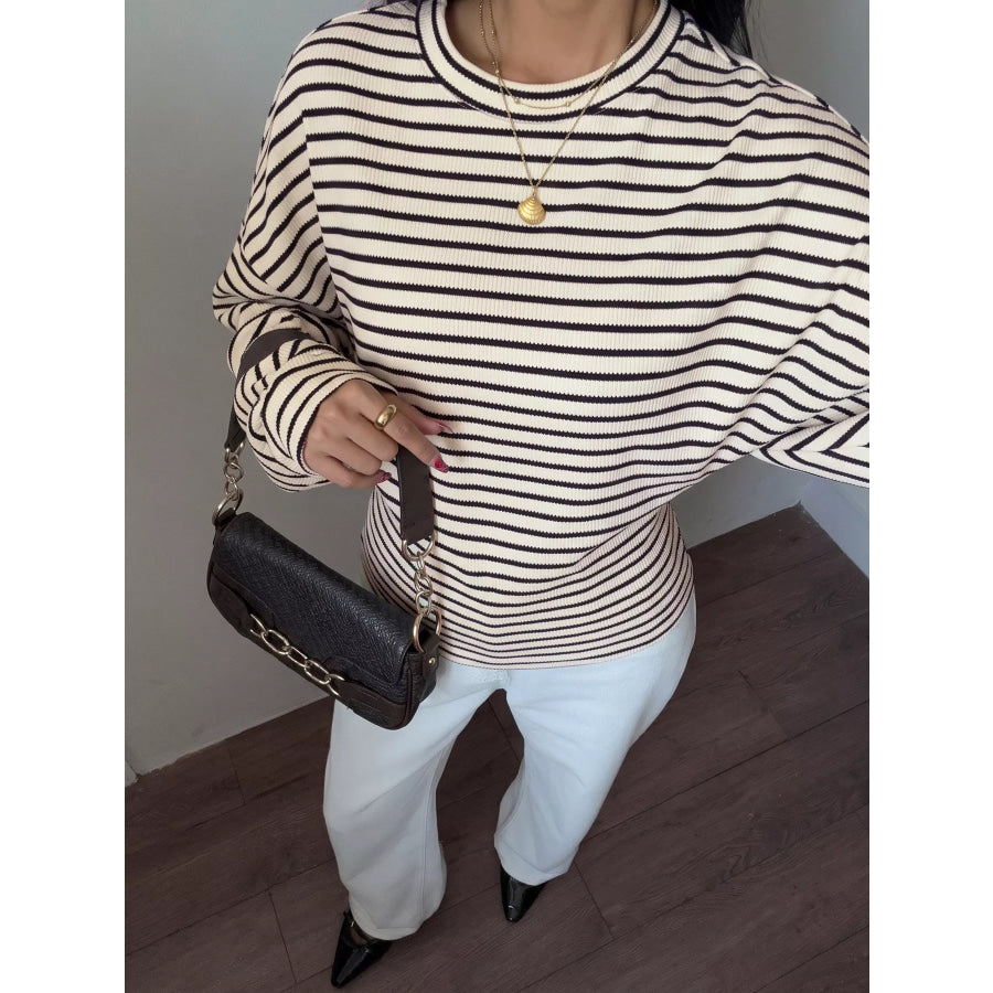 Striped Batwing Sleeve Crew Neck T-Shirt Black Apricot Color / S Apparel and Accessories