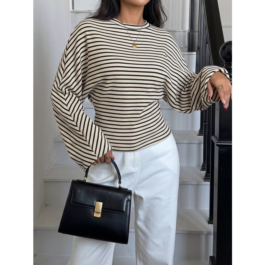 Striped Batwing Sleeve Crew Neck T-Shirt Apparel and Accessories