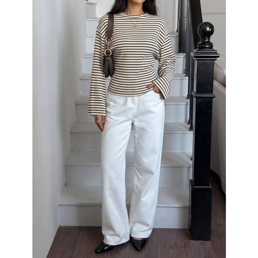Striped Batwing Sleeve Crew Neck T-Shirt Apparel and Accessories