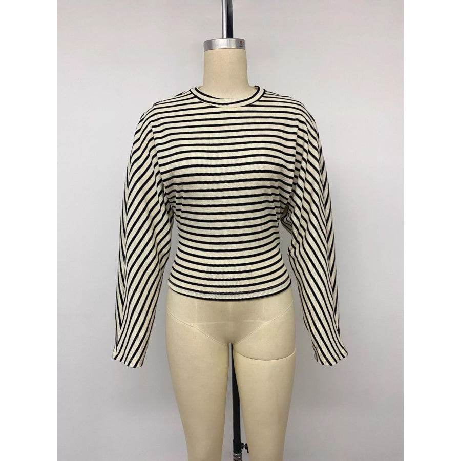 Striped Batwing Sleeve Crew Neck T-Shirt Apparel and Accessories