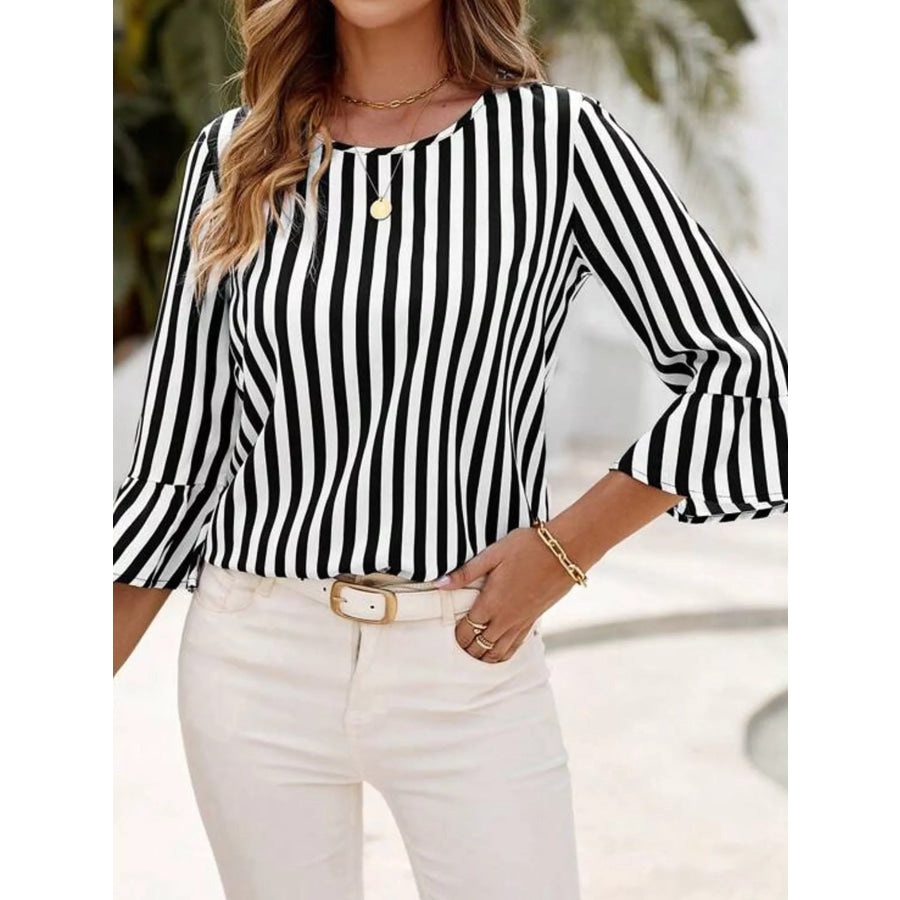 Striped Bell Sleeve Blouse Black / S Apparel and Accessories