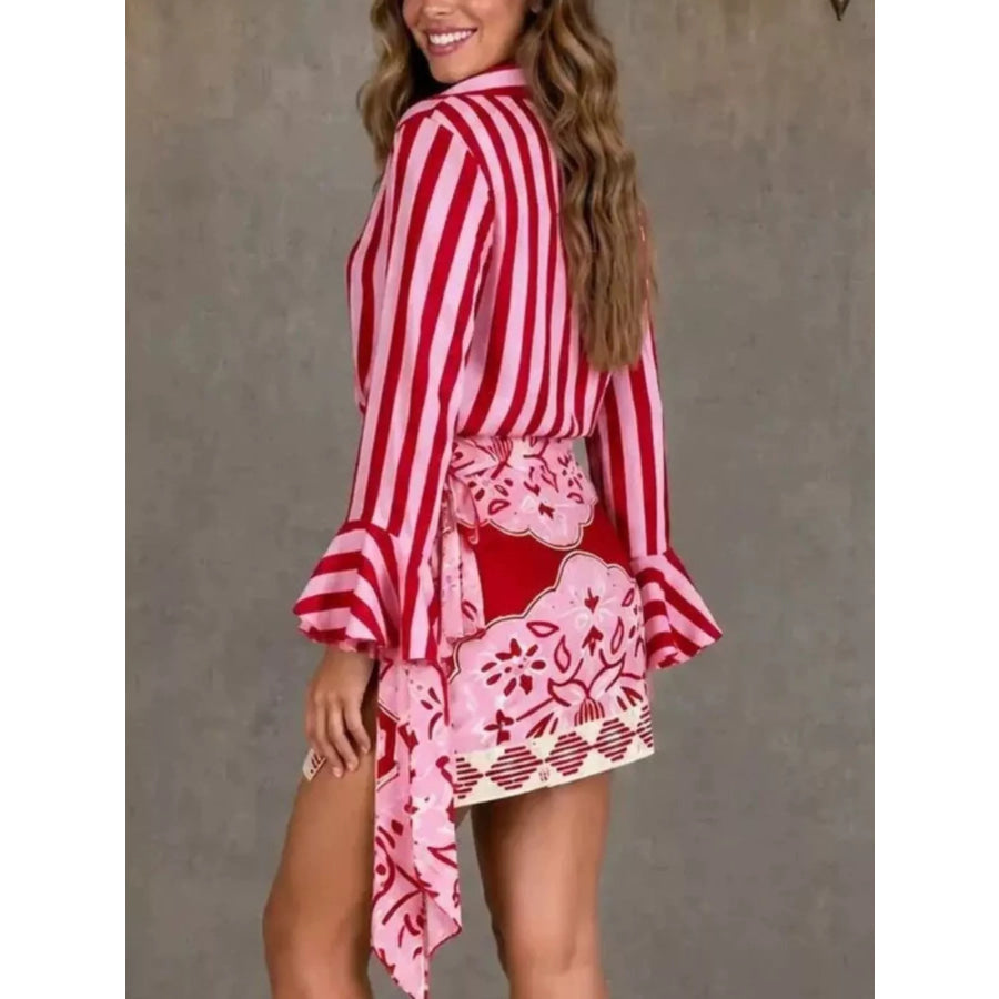 Striped Bell Sleeve Shirt and Skirt Set Deep Rose / S Apparel Accessories