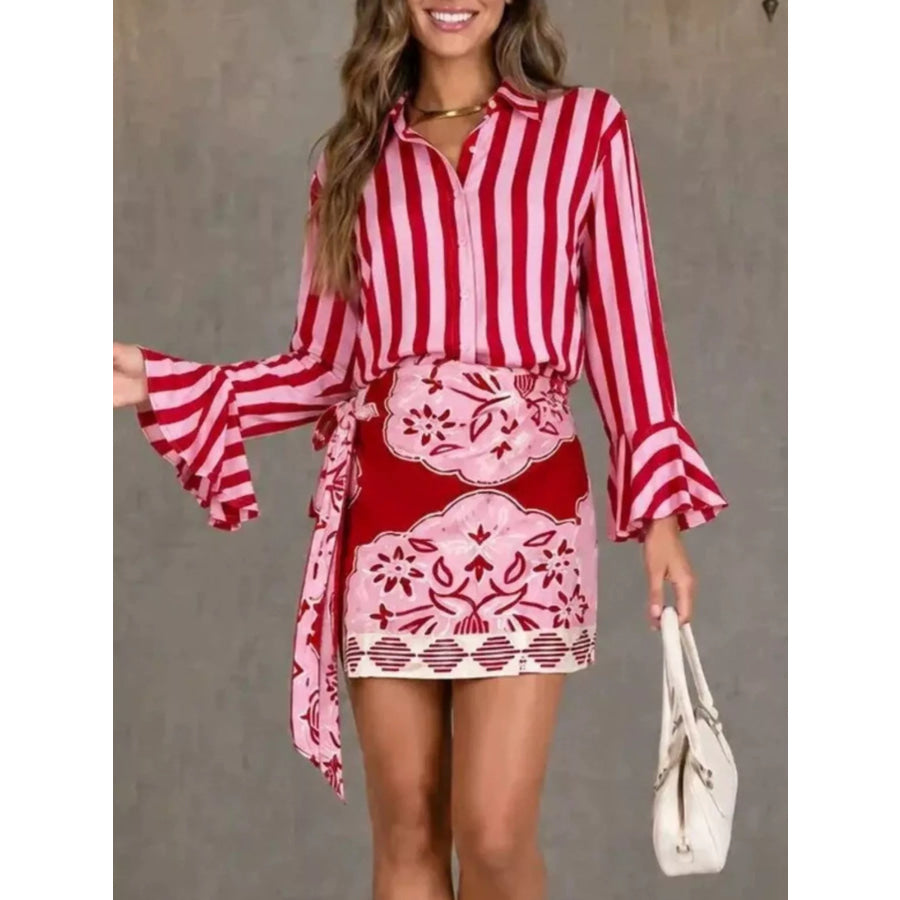 Striped Bell Sleeve Shirt and Skirt Set Deep Rose / S Apparel Accessories