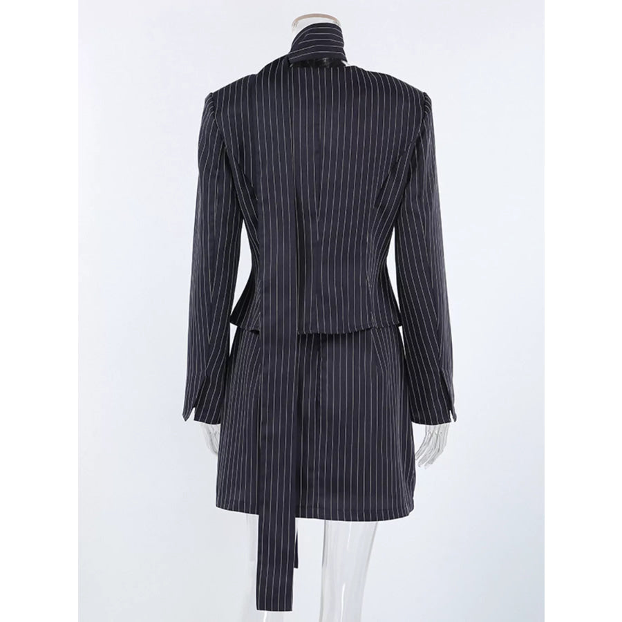 Striped Blazer and Mini Skirt Set with Scarf Detail Apparel Accessories