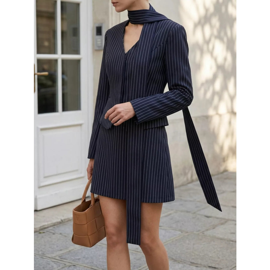 Striped Blazer and Mini Skirt Set with Scarf Detail Apparel Accessories