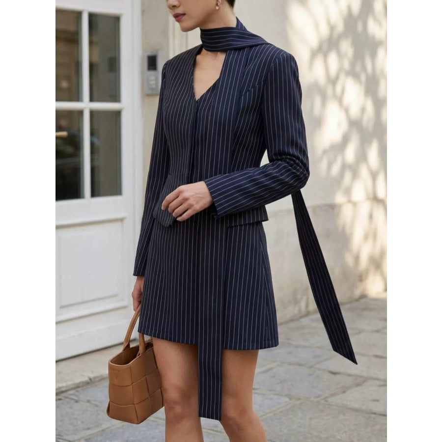 Striped Blazer and Mini Skirt Set with Scarf Detail Apparel Accessories