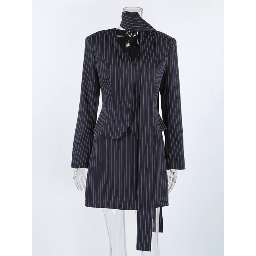 Striped Blazer and Mini Skirt Set with Scarf Detail Apparel Accessories