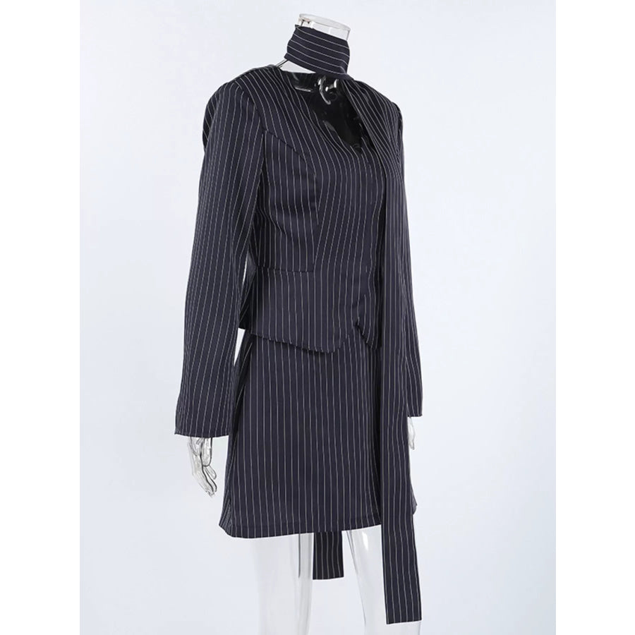 Striped Blazer and Mini Skirt Set with Scarf Detail Apparel Accessories