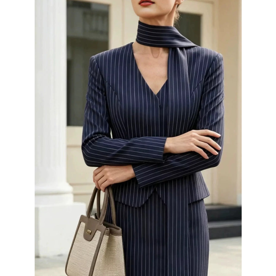 Striped Blazer and Mini Skirt Set with Scarf Detail Navy / S Apparel Accessories