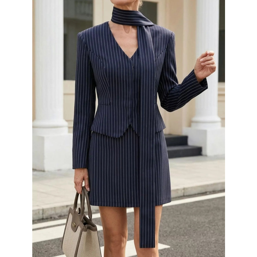 Striped Blazer and Mini Skirt Set with Scarf Detail Navy / S Apparel Accessories