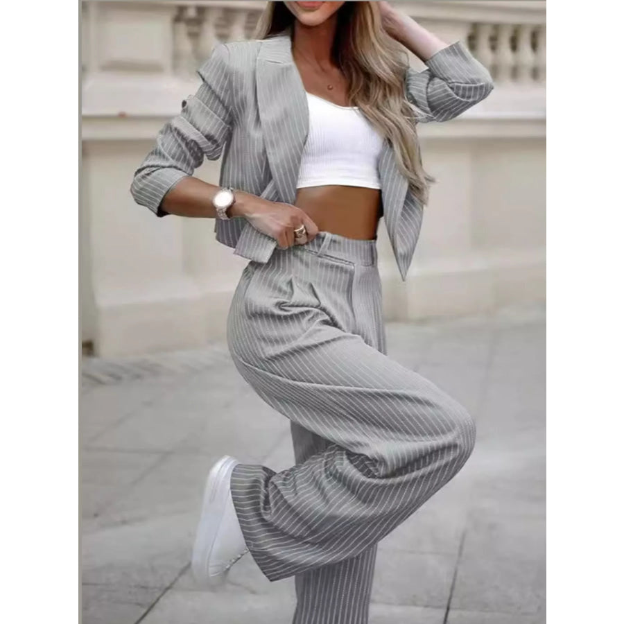 Striped Blazer and Wide-Leg Pants Two-Piece Set Gray Stripes / S Apparel Accessories
