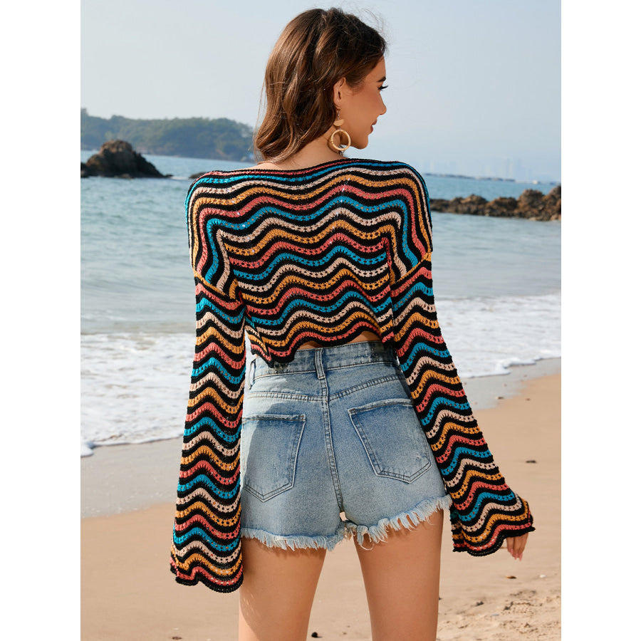 Striped Boat Neck Long Sleeve Cover Up Apparel and Accessories