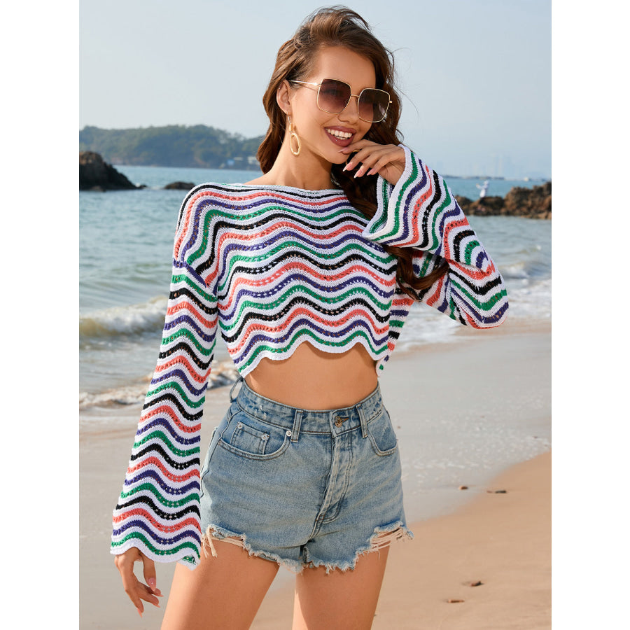 Striped Boat Neck Long Sleeve Cover Up Apparel and Accessories