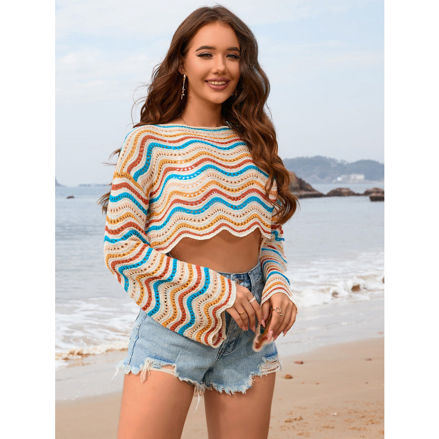 Striped Boat Neck Long Sleeve Cover Up Apparel and Accessories