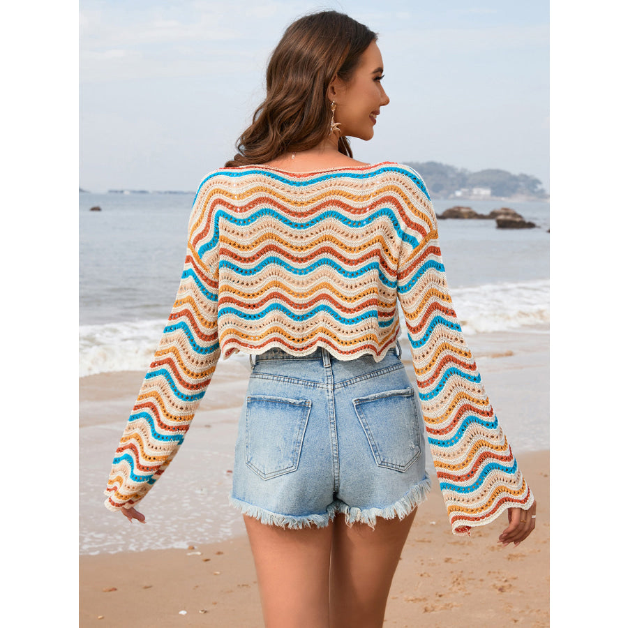 Striped Boat Neck Long Sleeve Cover Up Apparel and Accessories