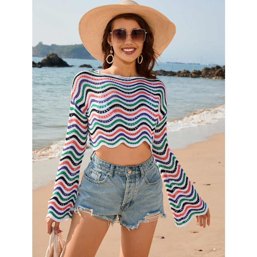 Striped Boat Neck Long Sleeve Cover Up White / S Apparel and Accessories