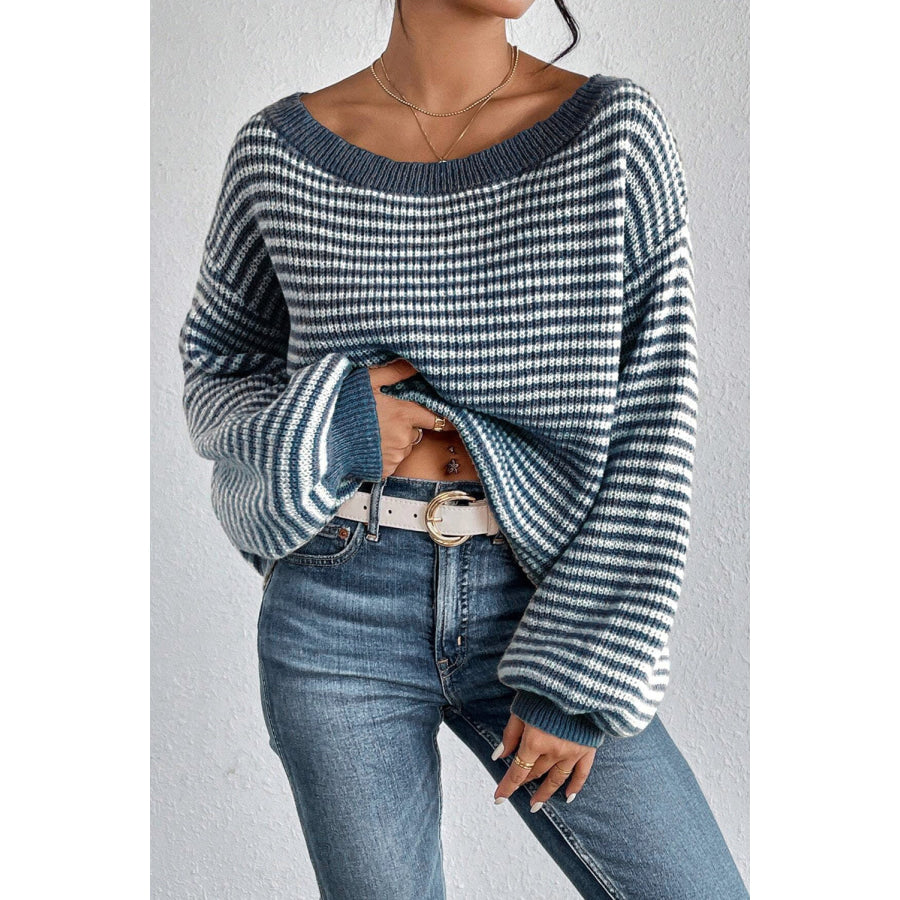 Striped Boat Neck Long Sleeve Sweater Apparel and Accessories