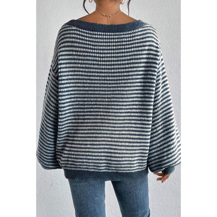 Striped Boat Neck Long Sleeve Sweater Apparel and Accessories