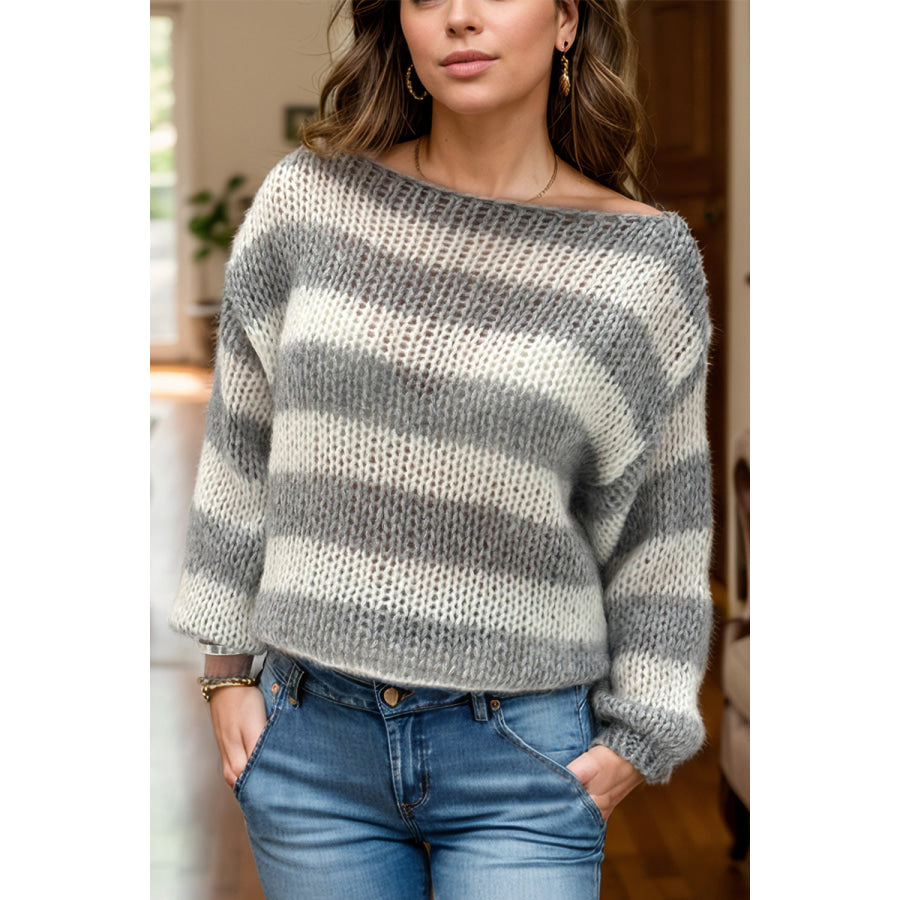 Striped Boat Neck Long Sleeve Sweater Apparel and Accessories