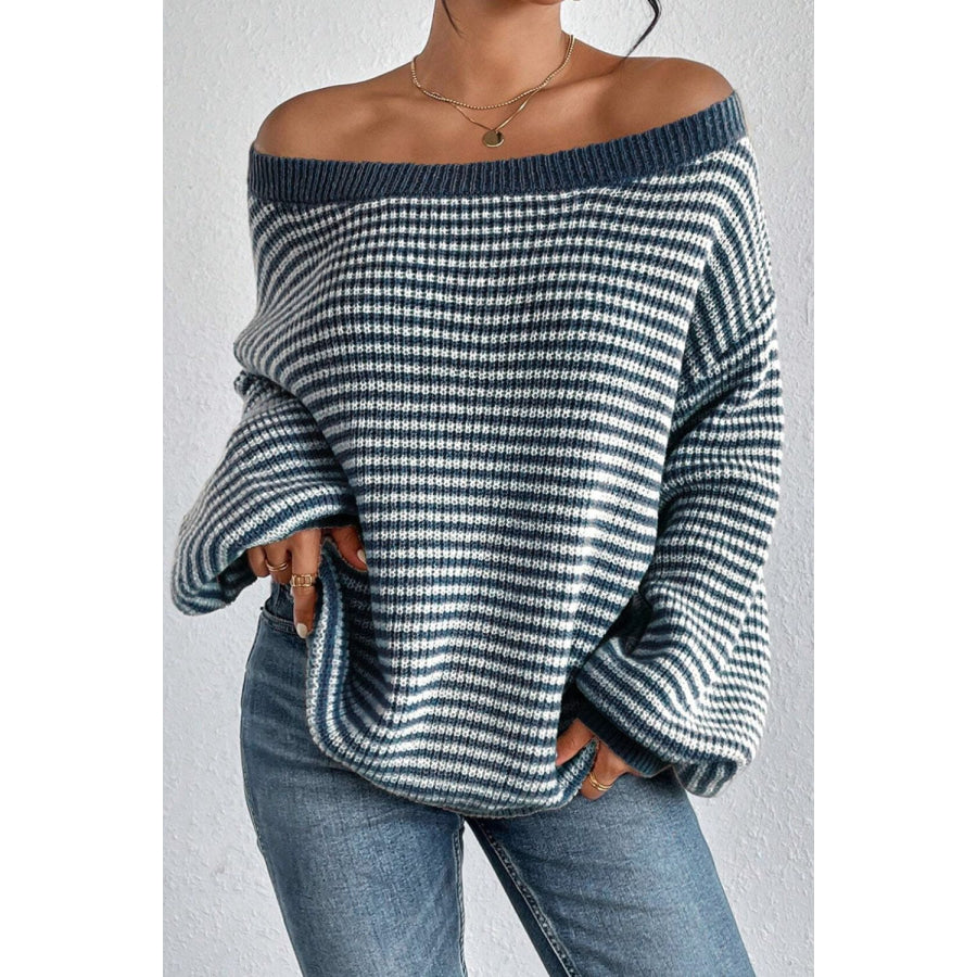 Striped Boat Neck Long Sleeve Sweater Apparel and Accessories