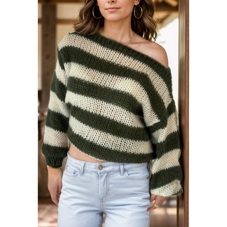 Striped Boat Neck Long Sleeve Sweater Apparel and Accessories