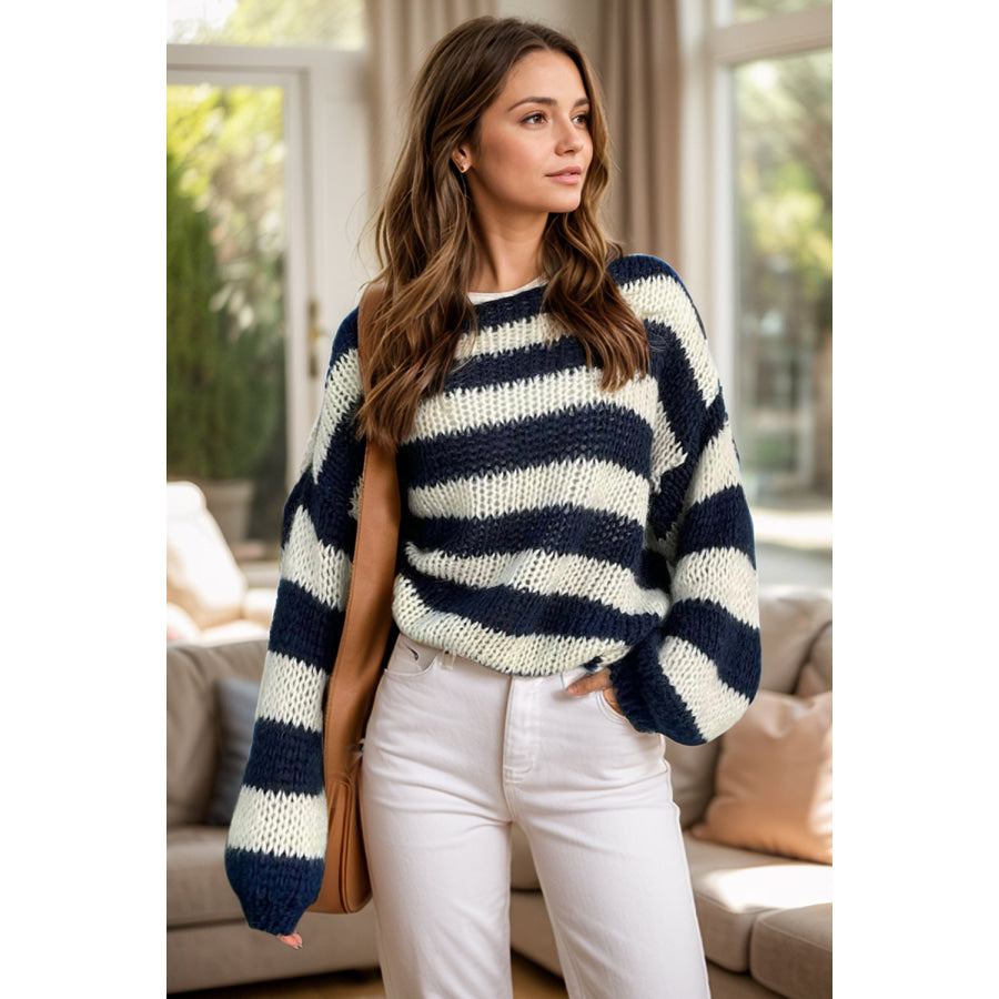 Striped Boat Neck Long Sleeve Sweater Navy / One Size Apparel and Accessories