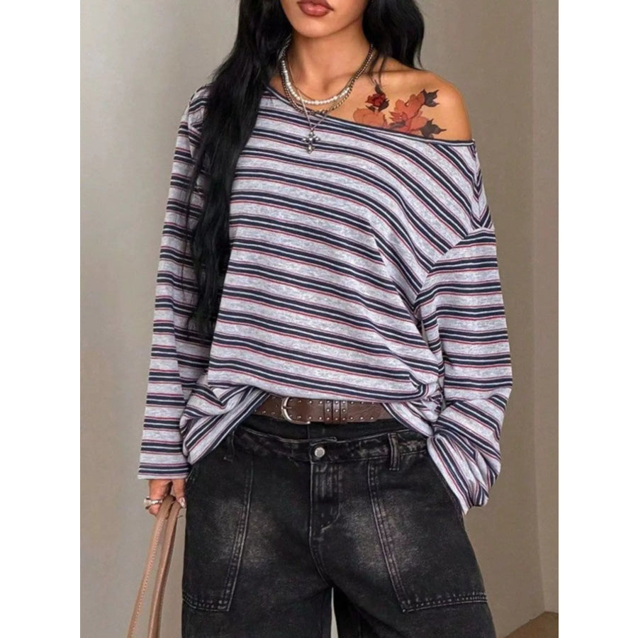 Striped Boat Neck Long Sleeve T-Shirt Apparel and Accessories