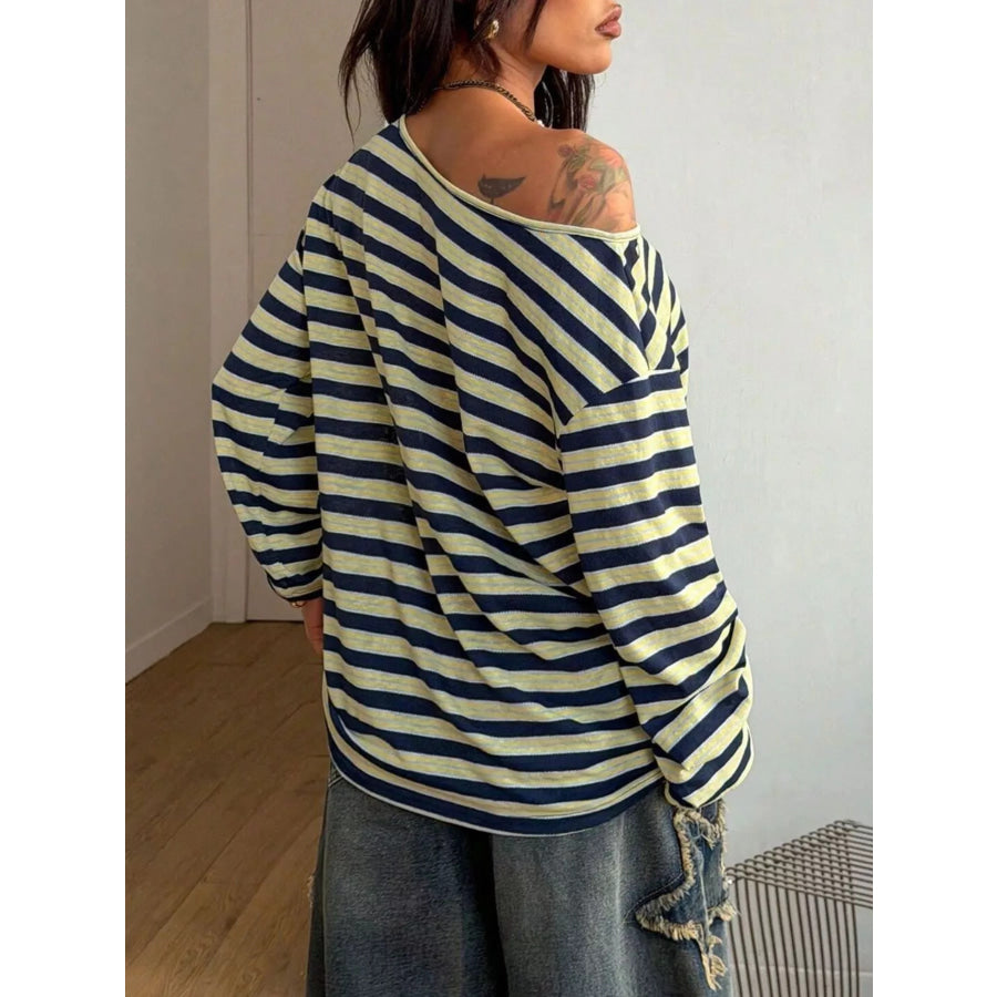 Striped Boat Neck Long Sleeve T-Shirt Apparel and Accessories