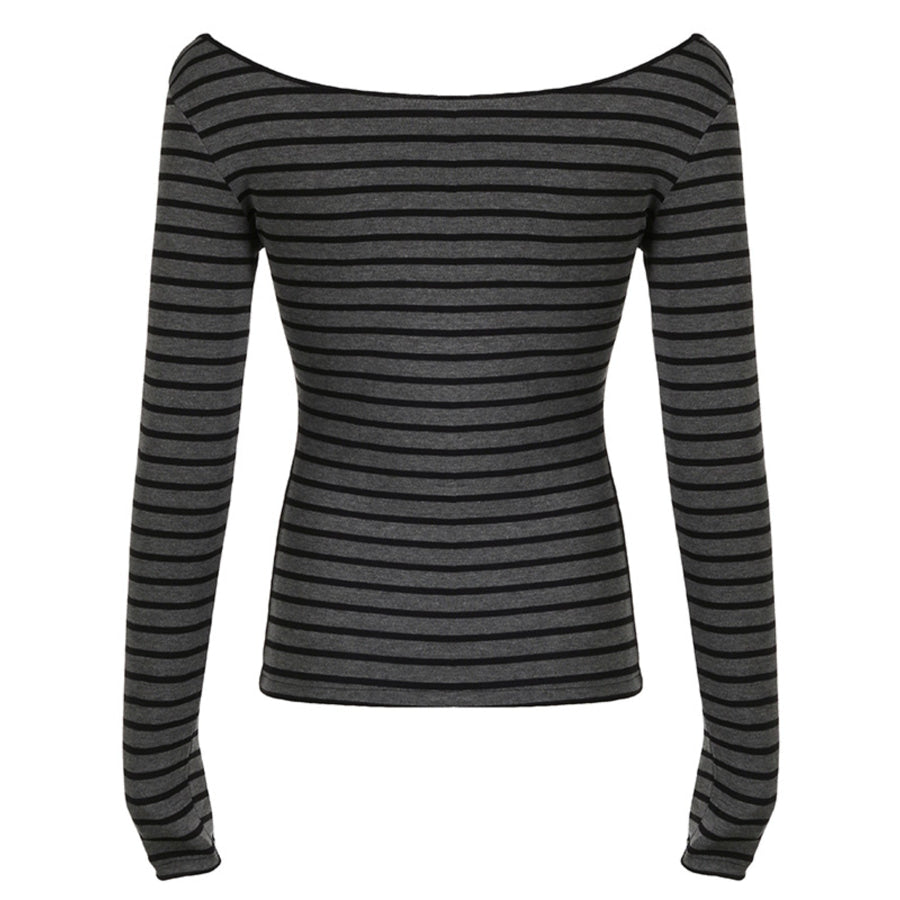 Striped Boat Neck Long Sleeve T-Shirt Apparel and Accessories