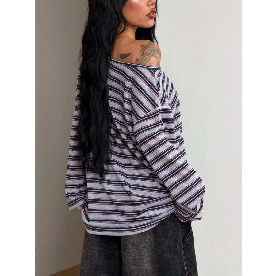 Striped Boat Neck Long Sleeve T-Shirt Apparel and Accessories