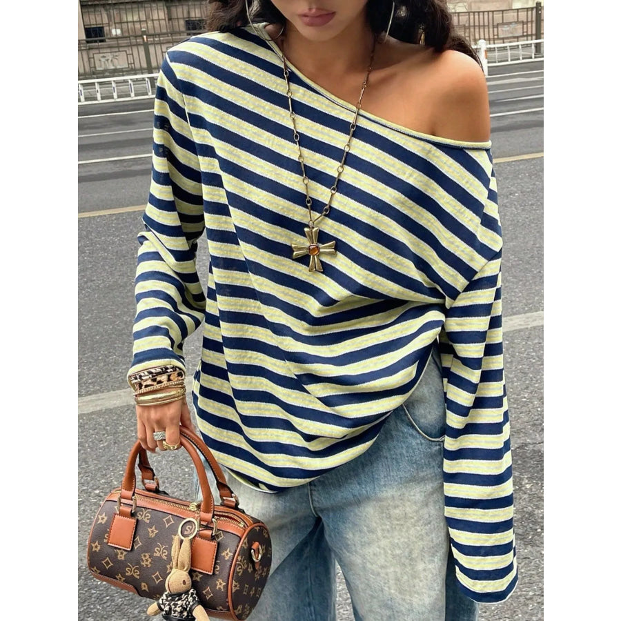 Striped Boat Neck Long Sleeve T-Shirt Apparel and Accessories