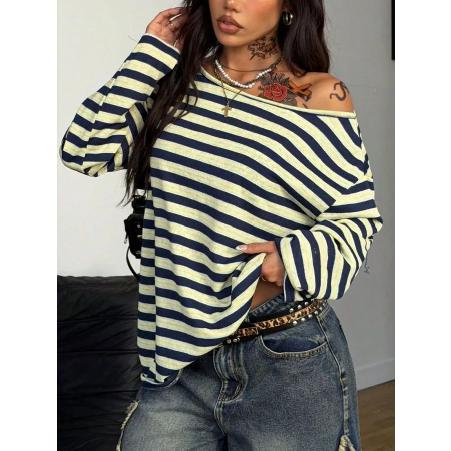 Striped Boat Neck Long Sleeve T-Shirt Apparel and Accessories