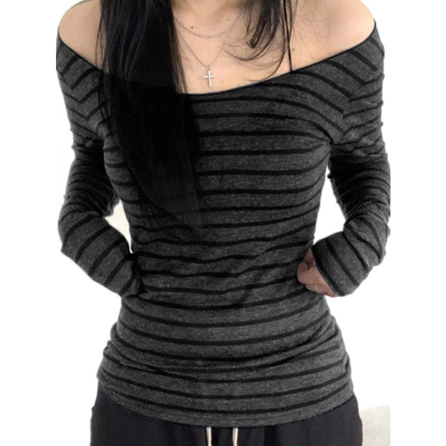 Striped Boat Neck Long Sleeve T-Shirt Apparel and Accessories
