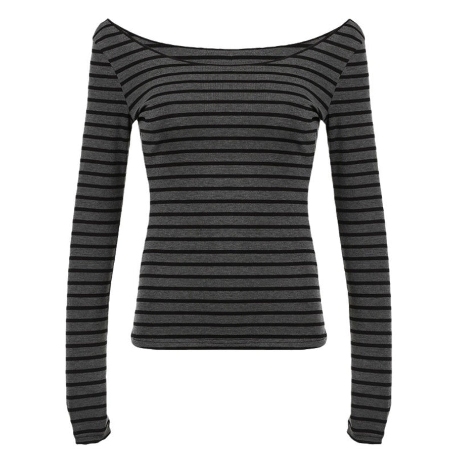 Striped Boat Neck Long Sleeve T-Shirt Gray / S Apparel and Accessories
