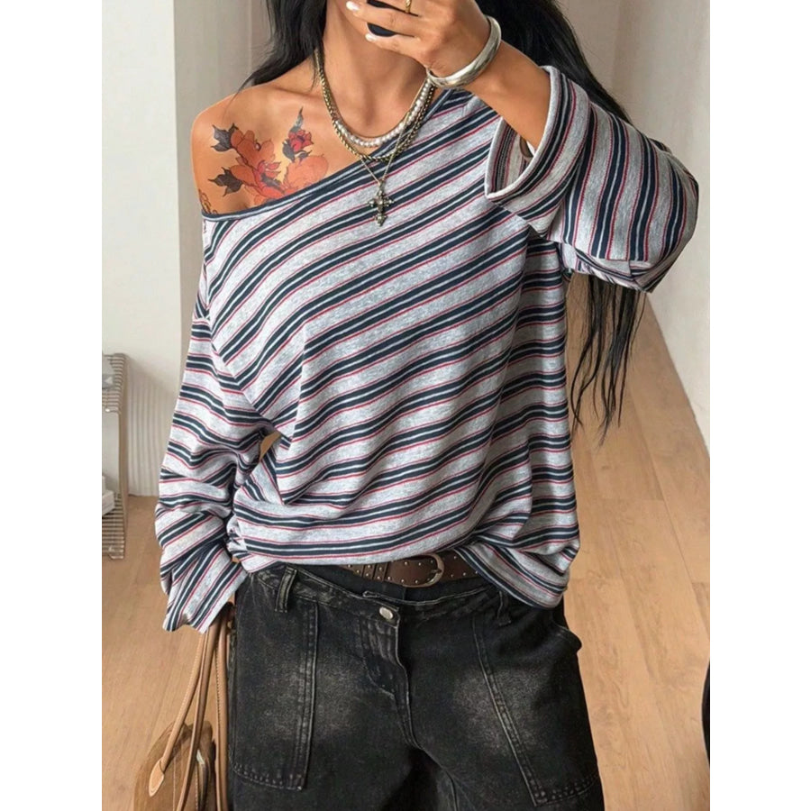 Striped Boat Neck Long Sleeve T-Shirt Gray / S Apparel and Accessories