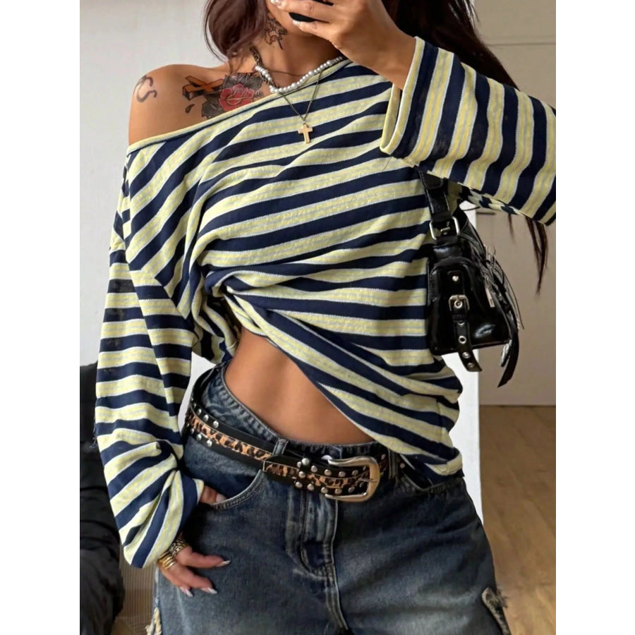 Striped Boat Neck Long Sleeve T-Shirt Yellow-Green / S Apparel and Accessories