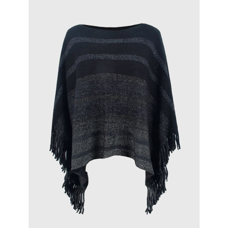 Striped Boat Neck Poncho with Fringes Black / One Size