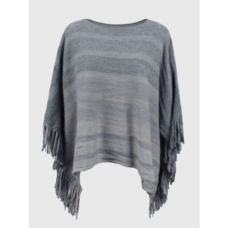 Striped Boat Neck Poncho with Fringes Charcoal / One Size