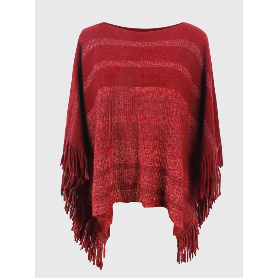 Striped Boat Neck Poncho with Fringes Deep Red / One Size
