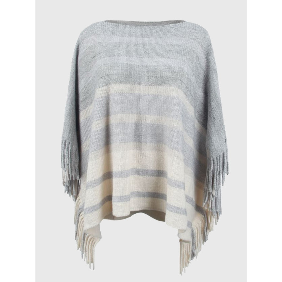 Striped Boat Neck Poncho with Fringes Ivory / One Size
