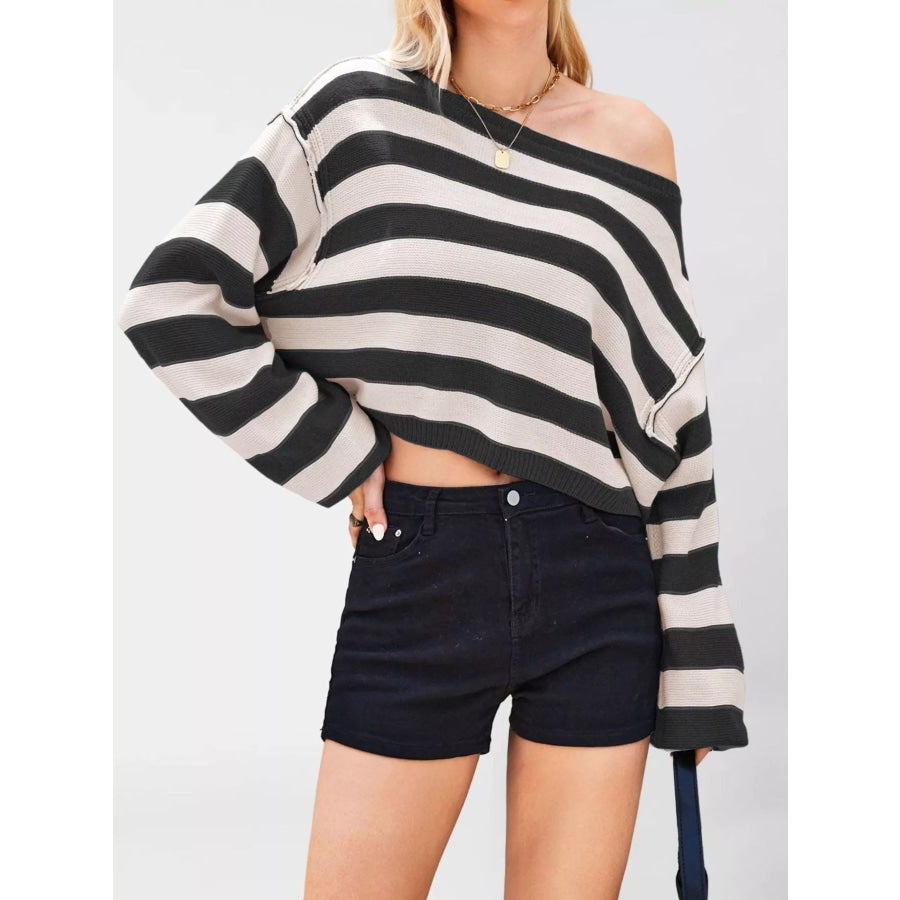 Striped Boat Neck Sweater Black / S Apparel and Accessories