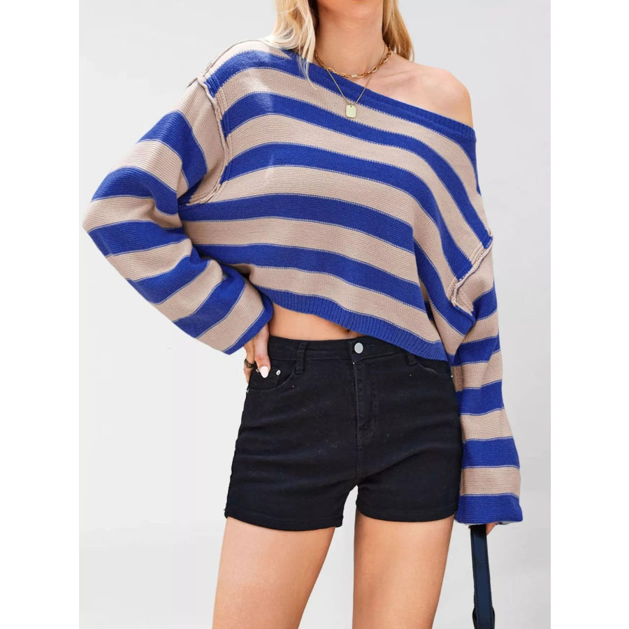Striped Boat Neck Sweater Blue / S Apparel and Accessories