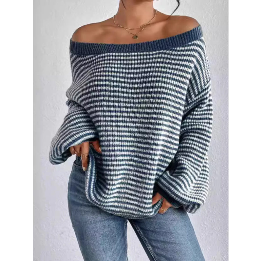 Striped Boat Neck Sweater Blue / S Apparel and Accessories