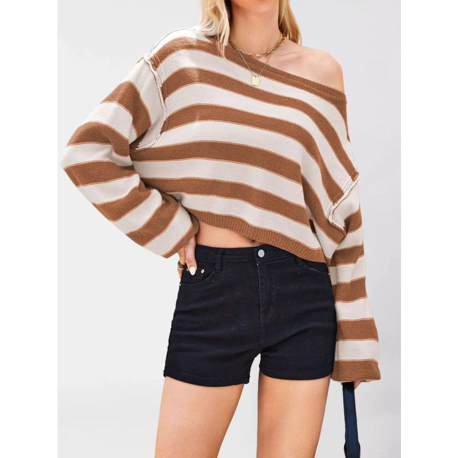 Striped Boat Neck Sweater Brown / S Apparel and Accessories